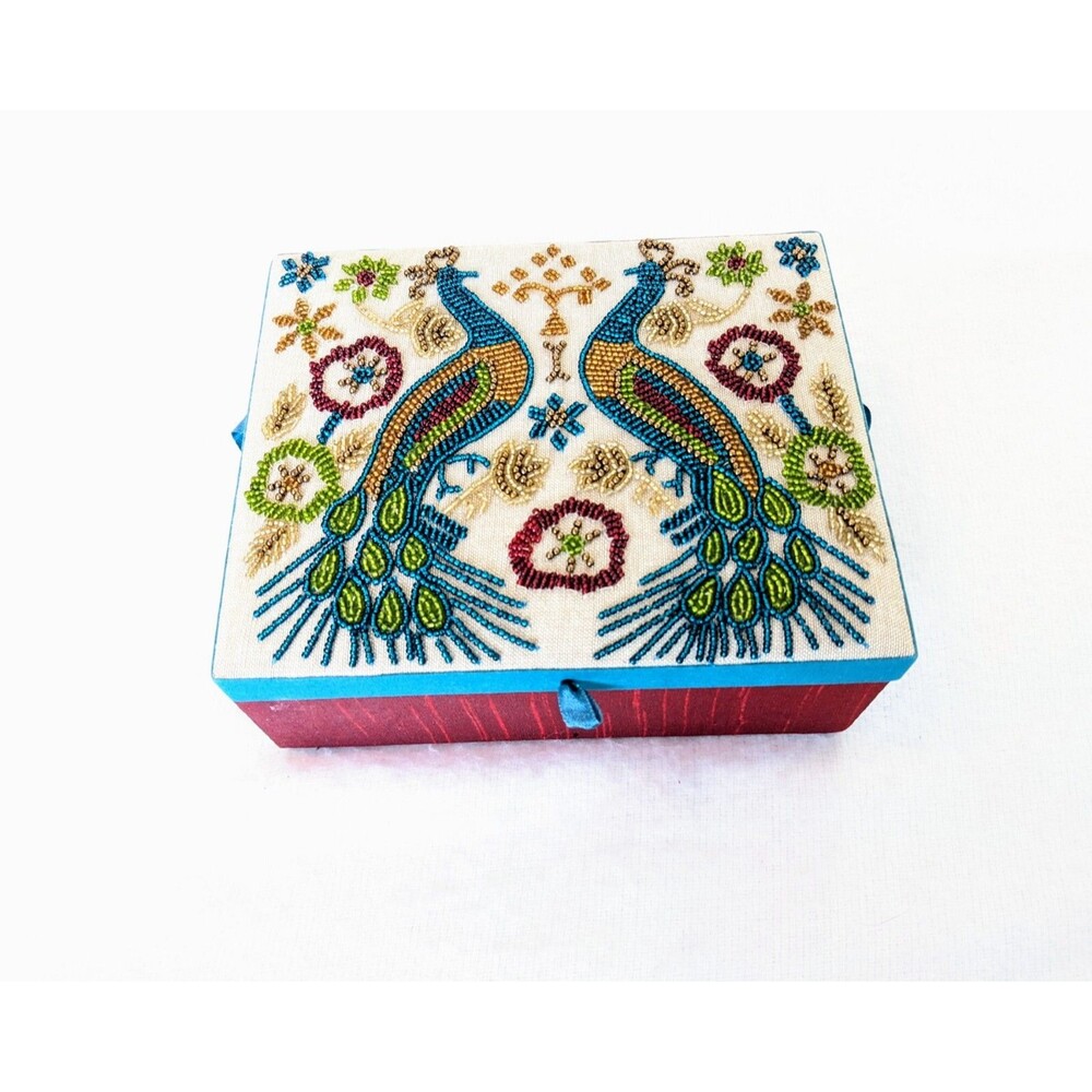 Beaded Embroidery Peacock Decor Fabric Covered Wood Jewelry Storage Box Handmade